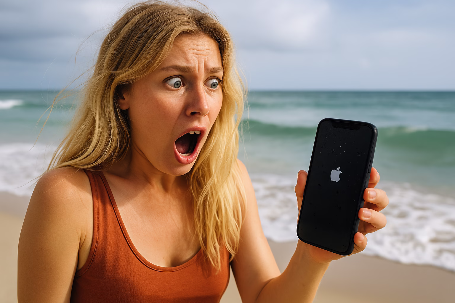 phone down by the beach woman upset