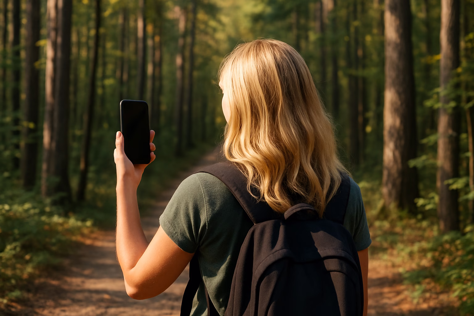 hiking with phone in the woods